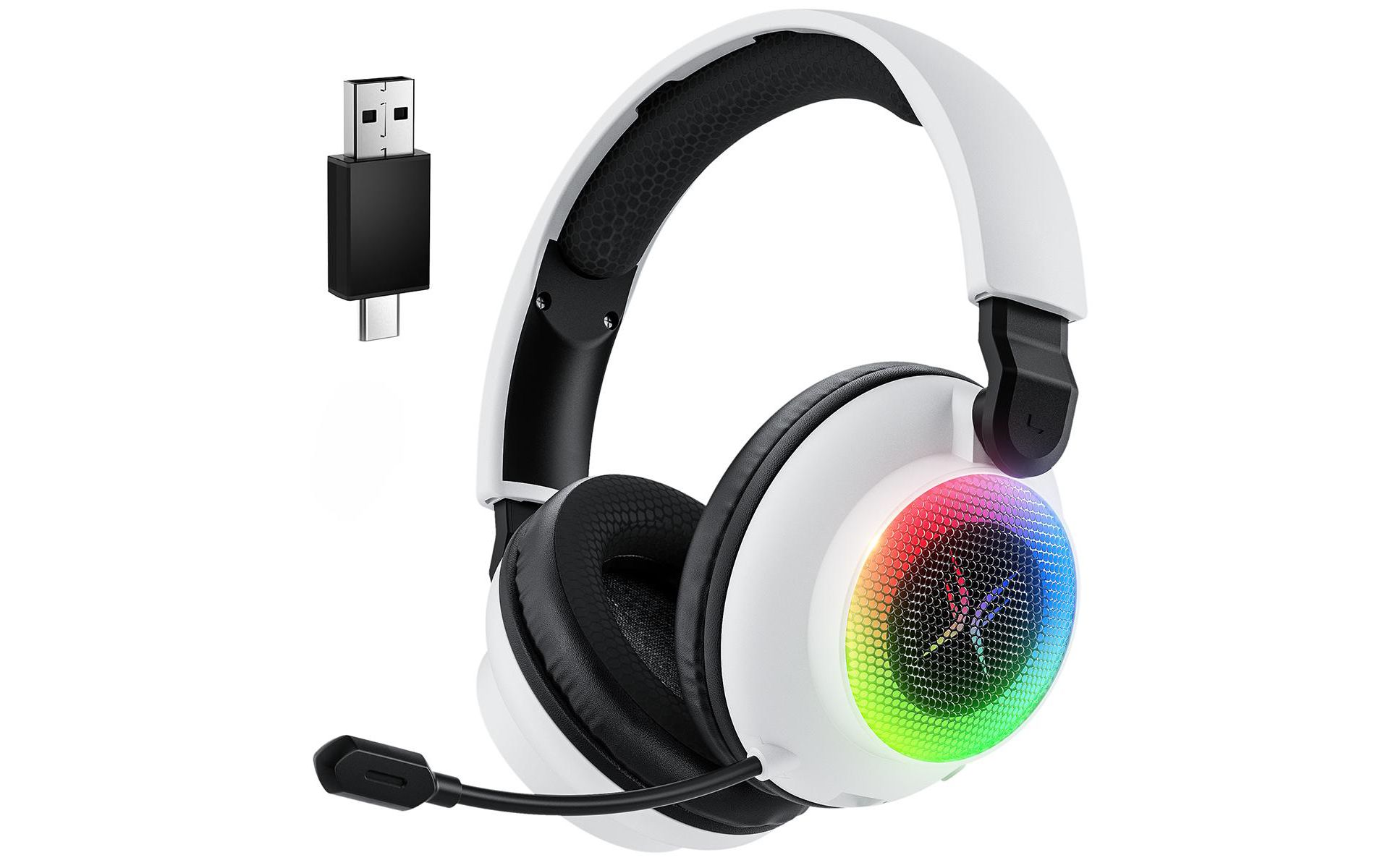 Tri-mode gaming headset, over-ear design, RGB lighting, noise cancellation, long battery life, multi-device compatibility.