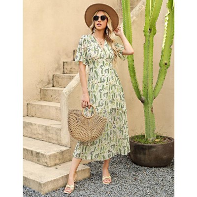 Women's Dress Floral V Neck Boho Short Sleeve Summer Casual Long Wrap Dress Tunic Midi Dress with Slit