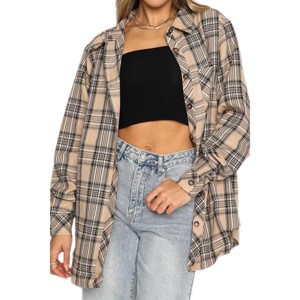 Womens Button Down Flannel Shirts Long Sleeve Plaid Shackets Business Casual Blouse Top - 1 of 4