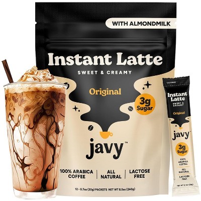 Javvy Instant Latte - Instant Coffee Packets - Zero Artificial Flavors & Sweeteners - Enjoy Hot or Cold - Just Add Water, 12 single servings per bag