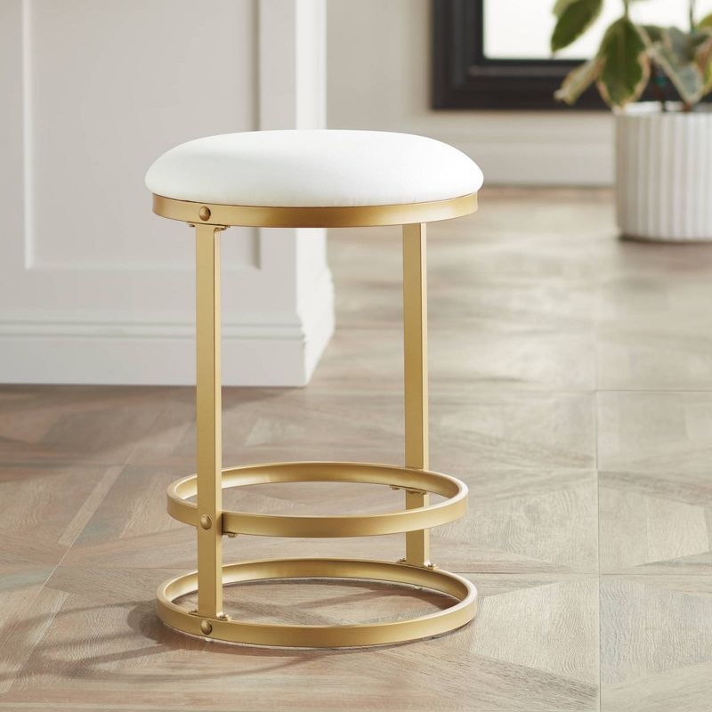 55 Downing Street Palmer Gold Metal Bar Stool 26" High Modern White Fabric Round Cushion with Footrest for Kitchen Counter Height Island Home House, 2 of 10