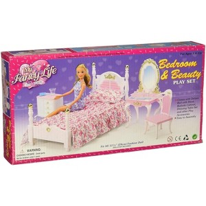 My Fancy Life Dollhouse Furniture Set, Bedroom and Beauty Play Set, White and Pink with Floral Bedding - 1 of 4