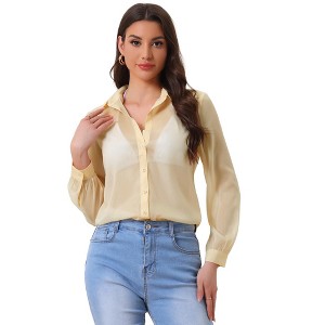 INSPIRE CHIC Women's Sheer Mesh Long Sleeve Button Down Shirts - 1 of 4
