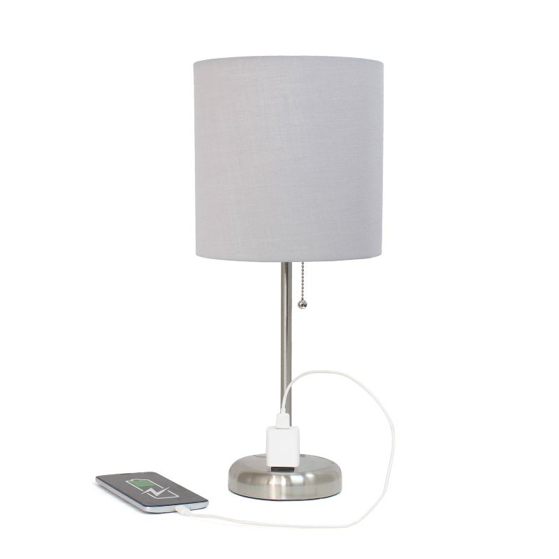 19.5" Bedside Power Outlet Base Metal Table Desk Lamp Brushed Steel with Fabric Shade - Creekwood Home, 3 of 10