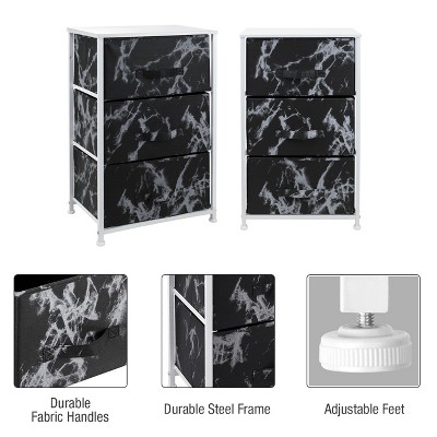 White Frame Black Marble 3-Drawer Nightstand with Fabric Bins