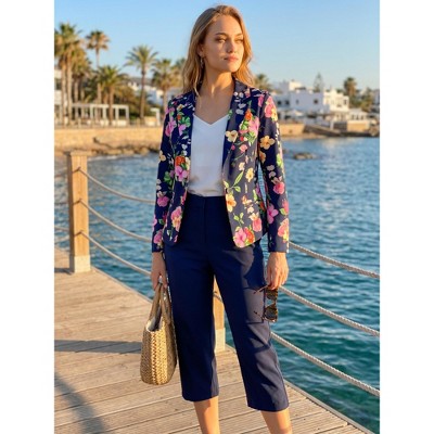 INSPIRE CHIC Women's Notched Lapel Open Front Business Casual Blazer X-Large White-Floral — фото 4