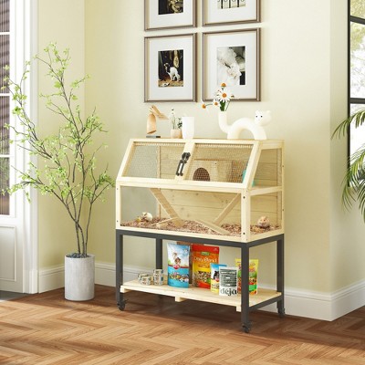 Natural Wood and Metal Hamster Cage with Wheels and Storage Shelf