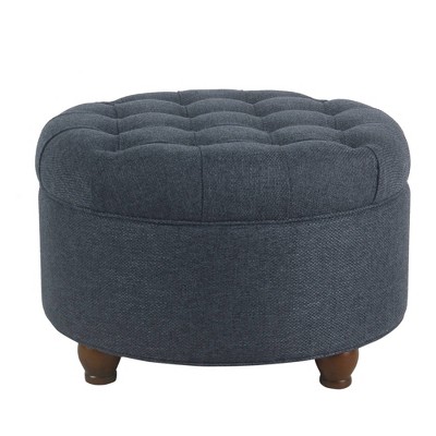 Wooden Ottoman with Tufted Lift Off Lid Storage Blue - Benzara