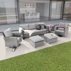 Sonkuki 6-Piece Patio Conversation Set with Swivel Rocking Chair and Side Table, Navy Blue Cushion - 1 of 4