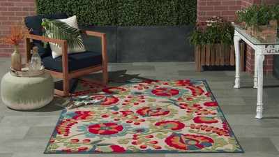 Ivory Blue Floral Flatwoven Synthetic Rug, 2'8" x 4'
