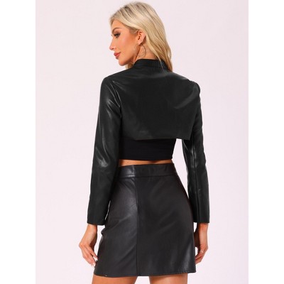 INSPIRE CHIC Women's Faux Leather Cropped Stand Collar Zipper Front Moto Biker Long Sleeve Jacket X-Small Black — фото 2