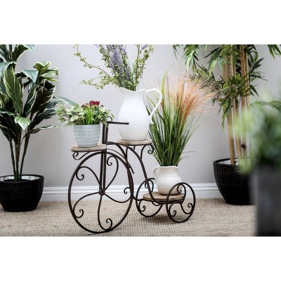 Brown Metal and Wood Bicycle Plant Stand with Aged Finish