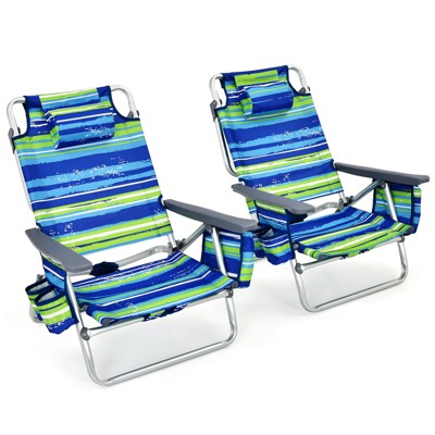 Tangkula 2 Pack of Folding Beach Chair Portable Backpacking Chair with Cup Holder Headrest Storage Bag for Outdoor