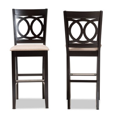 Set of 2 Sand Upholstered Oak Bar Stools with Espresso Finish