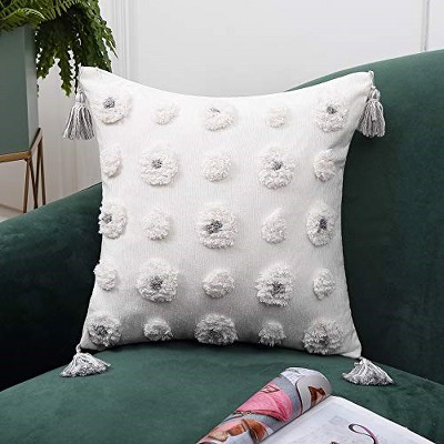 Boho Tufted Tassels Chenille Decorative Throw Pillow Covers, 18 x 18 Inches