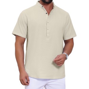 INSPIRE CHIC Men's Casual Henley Band Collar Short Sleeve Summer Linen Shirts - 1 of 4