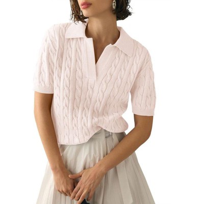 Women's Cable Short Sleeve Sweaters Tops Solid Lapel V Neck Cable Knit Casual Soft Pullover Shirt