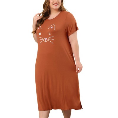 Agnes Orinda Women's Plus Size Soft Knit Cute Cat Print Short Sleeve Split Hem Pockets Midi Sleep Shirts Nightgowns