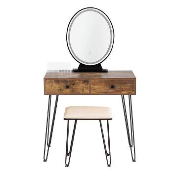 Tangkula Vanity Table Set Makeup Dressing Desk with Cushioned Stool & Lighted Mirror Rustic