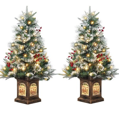 Clearance! 3 FT Artificial Pre-Lit Christmas Tree with Deer Lightbox, Vintage Potted Base, Snow Flocked, Easy Setup