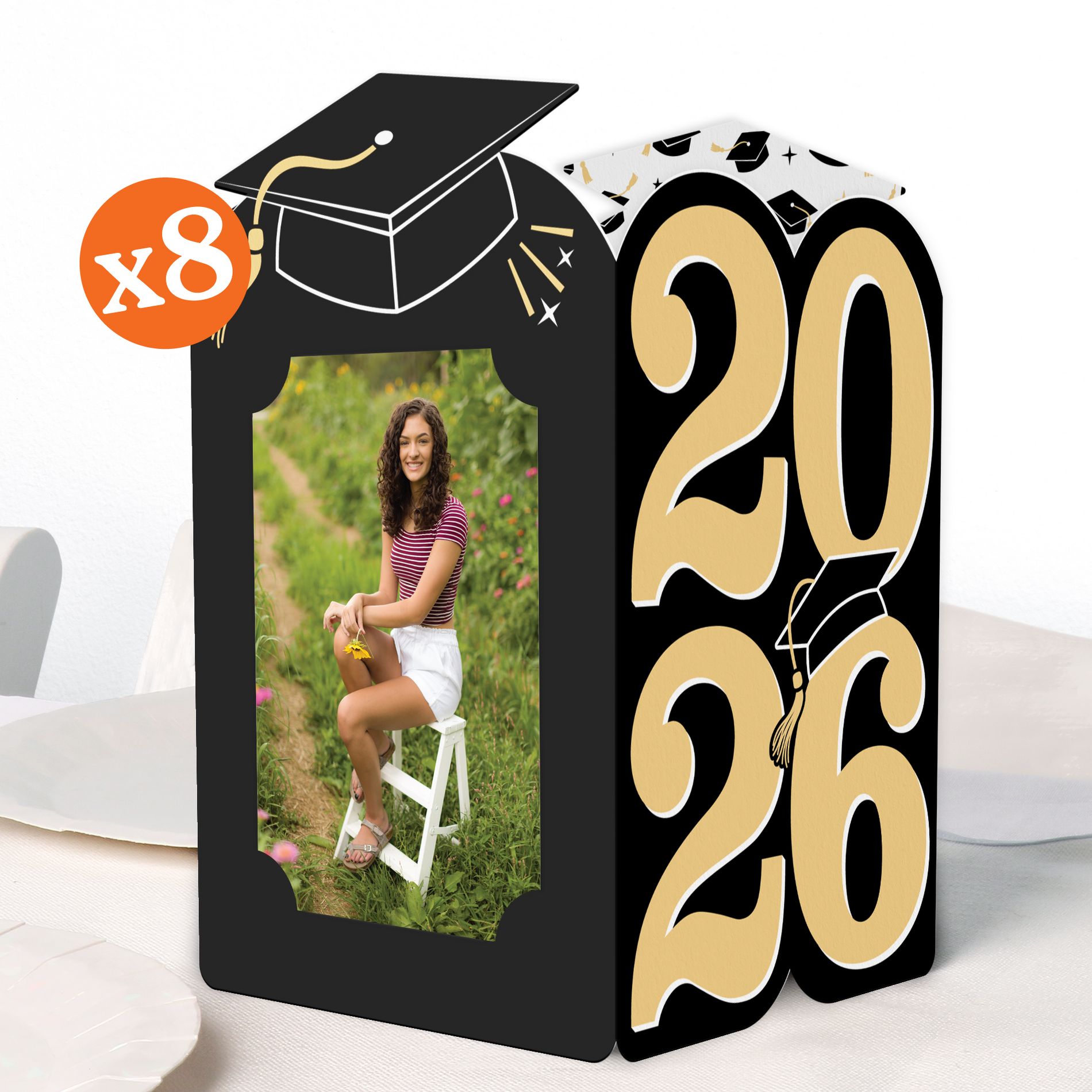 Big Dot of Happiness Black & Gold 2026 Graduation Photo Holder Centerpieces, 4x6 Picture Display Box, Table Centerpiece for Grad Party Decor, 8 Count