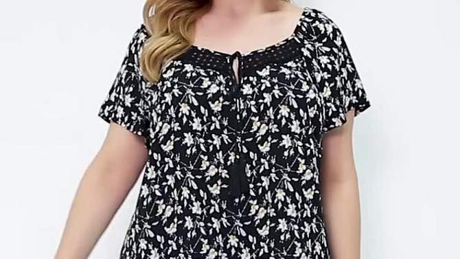 Agnes Orinda Women's Plus Size Floral Short Sleeve Beach Square Hollow Tassel Tie Neck Peasant Tops, 2 of 8, play video