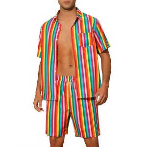 Lars Amadeus Men's Hawaiian Stripes Beach Shirt and Shorts Sets 2 Pieces - 1 of 4