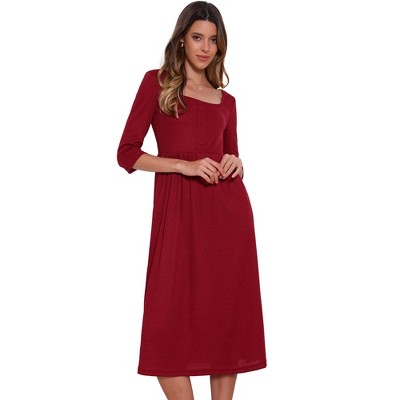 INSPIRE CHIC Women's Square Neck 3/4 Sleeves Waffle Knit Casual Midi Dress
