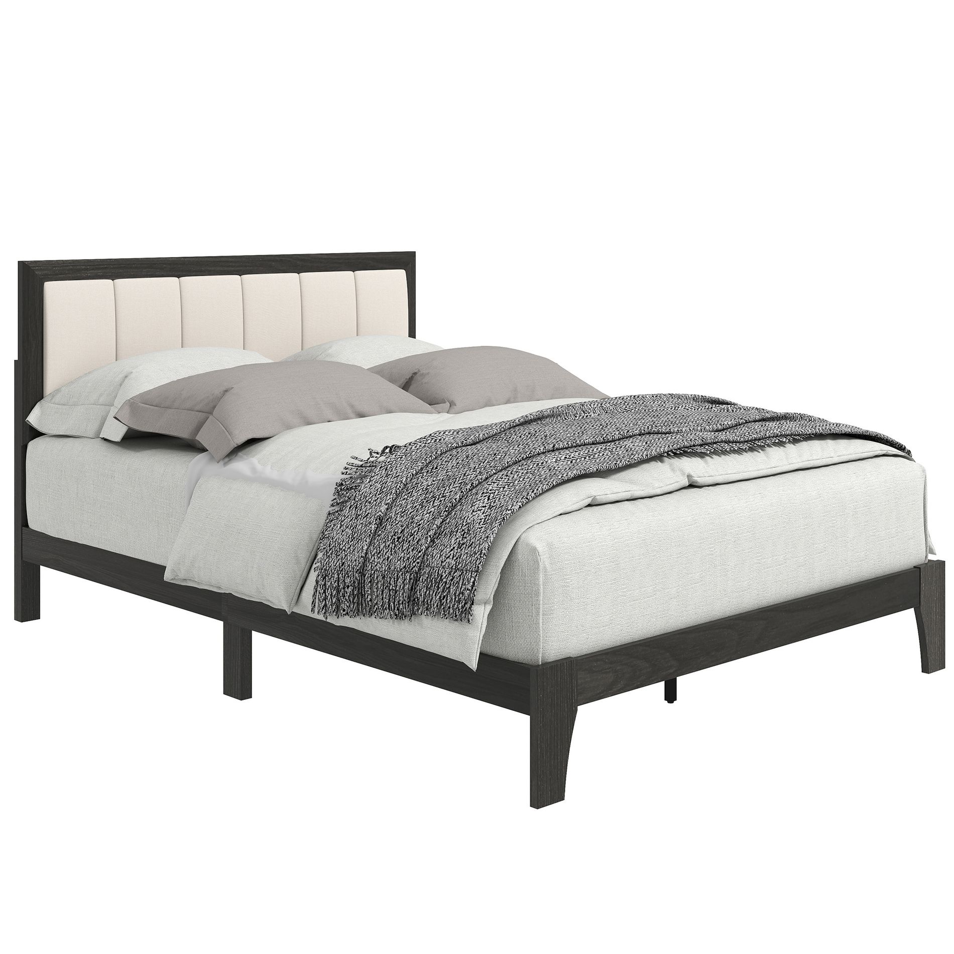 HOMCOM Bed Frame with Upholstered Headboard, Platform Bed Frame with Wooden Slats, No Box Spring Needed, Easy Assembly