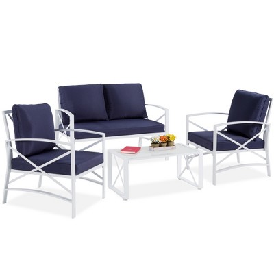 Best Choice Products 4-Piece Patio Conversation Set, Outdoor Furniture w/ Loveseat, 2 Chairs, Coffee Table - White/Navy