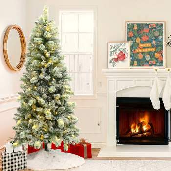LuxenHome 6.5' Pre-Lit Full Artificial Snow-Flocked Christmas Tree Green