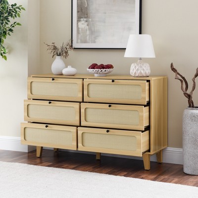 KTMBDW 6 Drawer Double Dresser for Bedroom, Rattan Chest of Dressers, Modern Wooden Dresser Chest for Living Room and Entryway