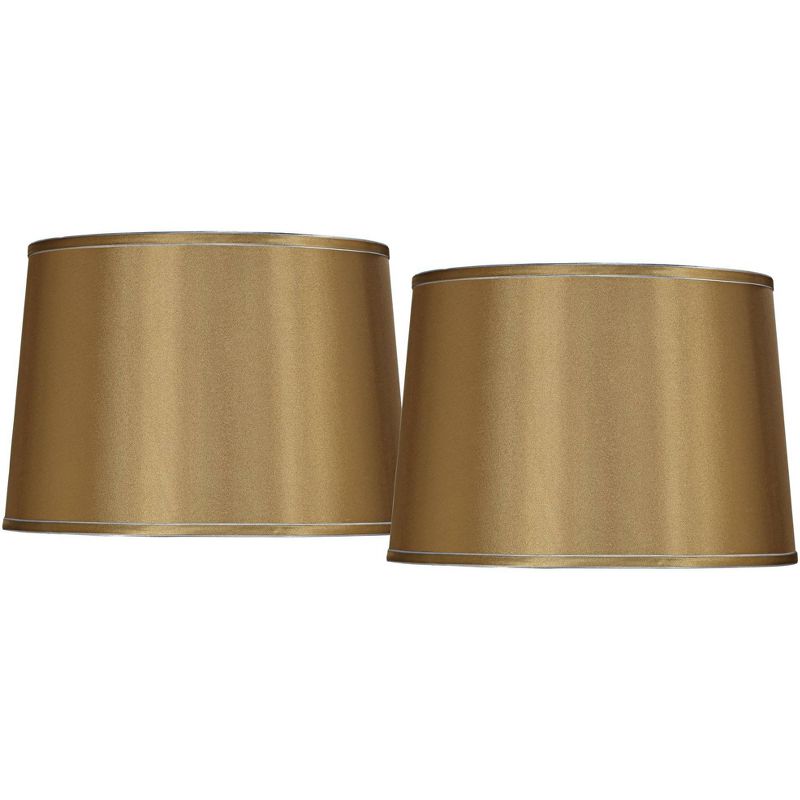 Springcrest Set of 2 Drum Lamp Shades Satin Gold Medium 14" Top x 16" Bottom x 11" High Spider Replacement Harp and Finial Fitting, 1 of 7