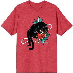 Celestial Tropics Panther And Rose Men's Red Heather T-Shirt - 1 of 3