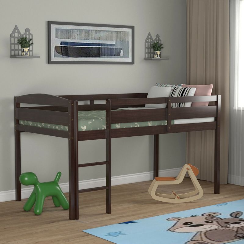 Costway Twin Low Loft Bunk Junior Bed Bedroom Wooden Guard Rail Ladder White/Espresso/Grey, 4 of 11
