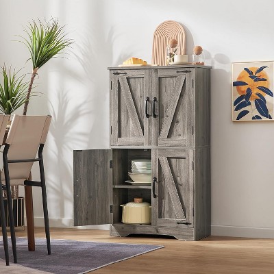 USIKEY Farmhouse Storage Cabinet with 2 Adjustable Shelves, Bathroom Cabinet with 4 Doors, Kitchen Cabinets, Cupboard for Kitchen, Living Room