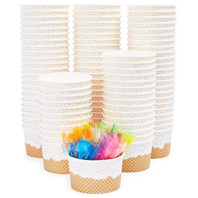 Blue Panda 100 Pack Disposable Party Paper Bowls, Dessert Ice Cream Cups with Neon Plastic Spoons 8 oz Party Supplies