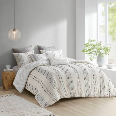 Lyngins Cotton Jacquard Full/Queen Comforter Mini Set, Reversible with Embroidered Stripes & Printed Reverse, Bedding Set with Comforter & Shams