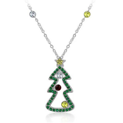 ShineHigh Christmas Tree Pendant Necklace – 2.6 Ct Multicolor CZ Holiday Design with Rhodium Finish on Adjustable 17" Chain