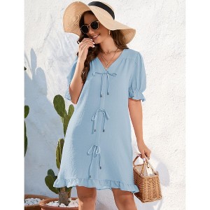 Coolmee Womens Summer Mini Dress Casual Short Puff Sleeve A Line Bow Tie Front Babydoll Loose Cute Short Dress with Pockets - 1 of 4