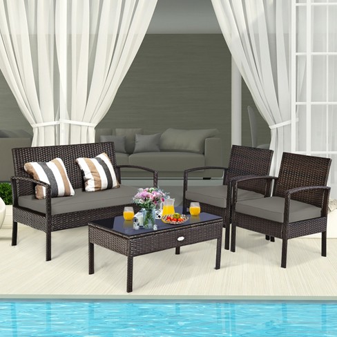 4PC Patio Rattan Wicker Sofa Set Cushined Couch Furniture Outdoor Garden 