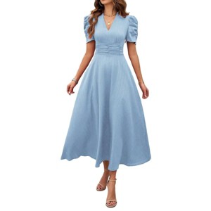 BLUEMING Womens Casual Maxi Dresses Puff Sleeve V Neck Flowy Vacation High Waist Boho Pleated Dresses - 1 of 4