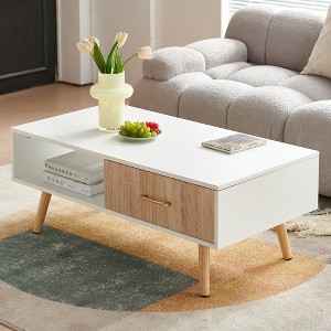 KTMBDW Modern Coffee Table with Storage, Wood Coffee Table for Living Room, Open Storage Area and  Sliding Drawers with Metal Handles - 1 of 4