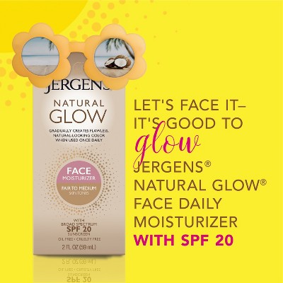 Jergens Natural Glow Face Moisturizer Self Tanner Daily Sunscreen SPF 20, 2 fl oz