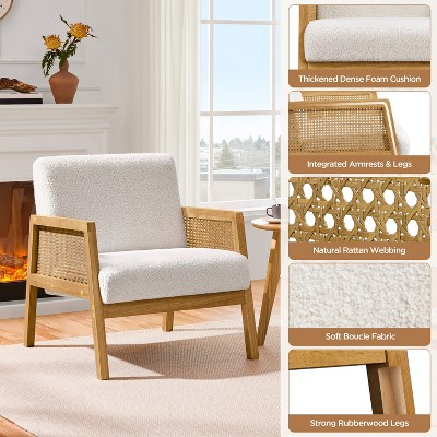 Ivory Boucle Fabric Accent Chair with Rattan Armrests and Wood Legs