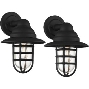 John Timberland Marlowe Rustic Industrial Outdoor Wall Light Fixtures Set of 2 Black Hooded Cage 13" Clear Glass for Post Exterior Barn - 1 of 4