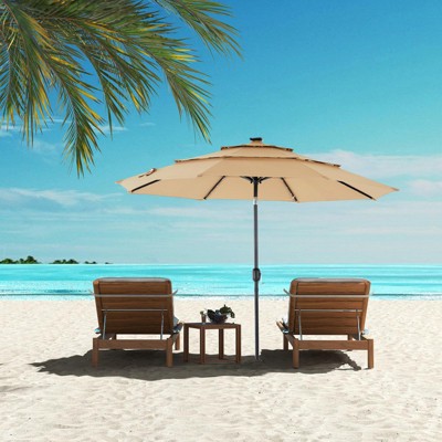 Okak 3-Tier Beach Umbrella with Push Button Tilt and Crank, Sun Umbrella with 32 Solar LED, Big Umbrella for Backyard, Garden