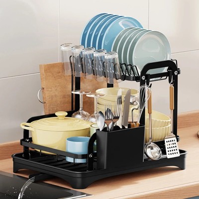 LunaLulinlk Dish Drying Rack, 2-Tier Dish Drying Rack with Cutlery Rack, Cup Holder, Cutting Board Holder, Dish Racks for Kitchen Counter