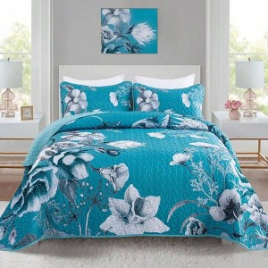 Teal Blue Floral Quilt Set, 3 Pieces, Soft Microfiber, Lightweight, 90x96 - 1 of 4