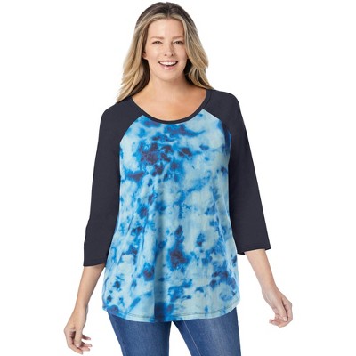 Woman Within Plus Size Three-Quarter Sleeve Baseball Tee